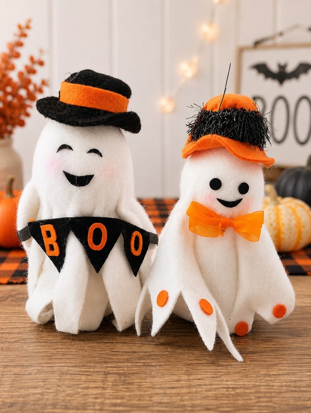 Set of 2 Halloween Ghost Decorations BOO Orange Black NWT